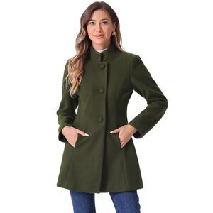 Winter Overcoat Mid-thigh Stand Collar Single Breasted Long Coat Army Green